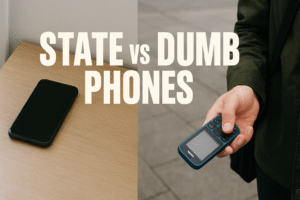 A side-by-side comparison showing a smartphone left on a wooden table labelled “STATE” and a person holding a blue Nokia-style dumbphone outdoors labelled “DUMB PHONES,” with bold ANTON font text across the centre reading “STATE vs DUMB PHONES.”