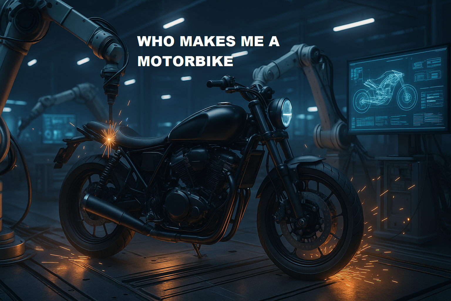 A cinematic image of a modern motorcycle under construction in a futuristic automated factory. Robotic arms surround the frame, welding and assembling, while AI-driven monitors glow with design schematics. The scene suggests a world where machines can build entire vehicles without human labour.
