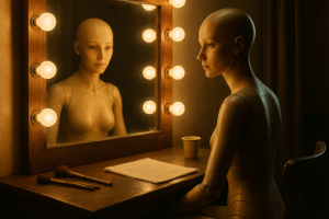 A lifelike female android sits quietly at a vintage dressing-room mirror surrounded by warm bulbs, studying her reflection. Makeup brushes, a coffee cup, and a script rest on the wooden table, symbolising technology taking the place of a human performer in a softly lit, cinematic scene.