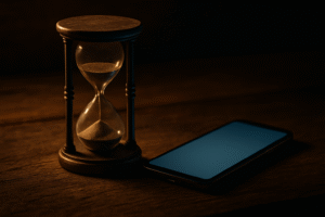 A symbolic image showing an hourglass beside a glowing smartphone, representing the recurring cycle of liberty and bondage in the digital age.