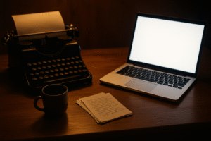 A vintage typewriter and modern laptop side by side on a warmly lit wooden desk, symbolising human–AI creative partnership.