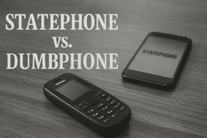 Black-and-white photo of a Nokia dumbphone in focus and a blurred modern “STATEPHONE” behind it, styled like a 1960s news image.