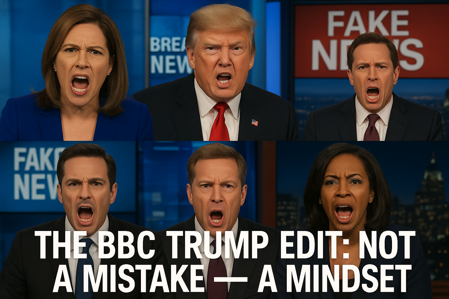 A composite image of newsreaders shouting “Fake News,” with the headline “The BBC Trump Edit: Not a Mistake — A Mindset” displayed across the bottom.