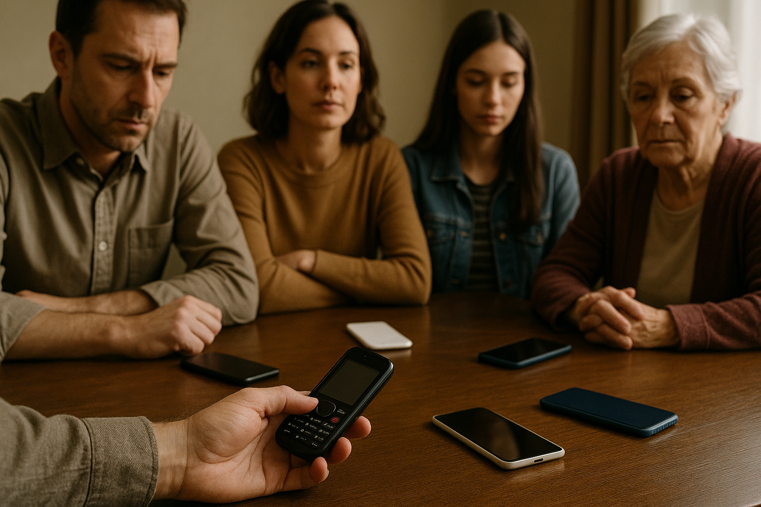 A group of four people sit quietly around a wooden table with their smartphones placed face-down in front of them. In the foreground, a man holds a simple black feature phone, drawing attention to the contrast between modern smartphones and a basic handset. The room is softly lit, and the mood is reflective.
