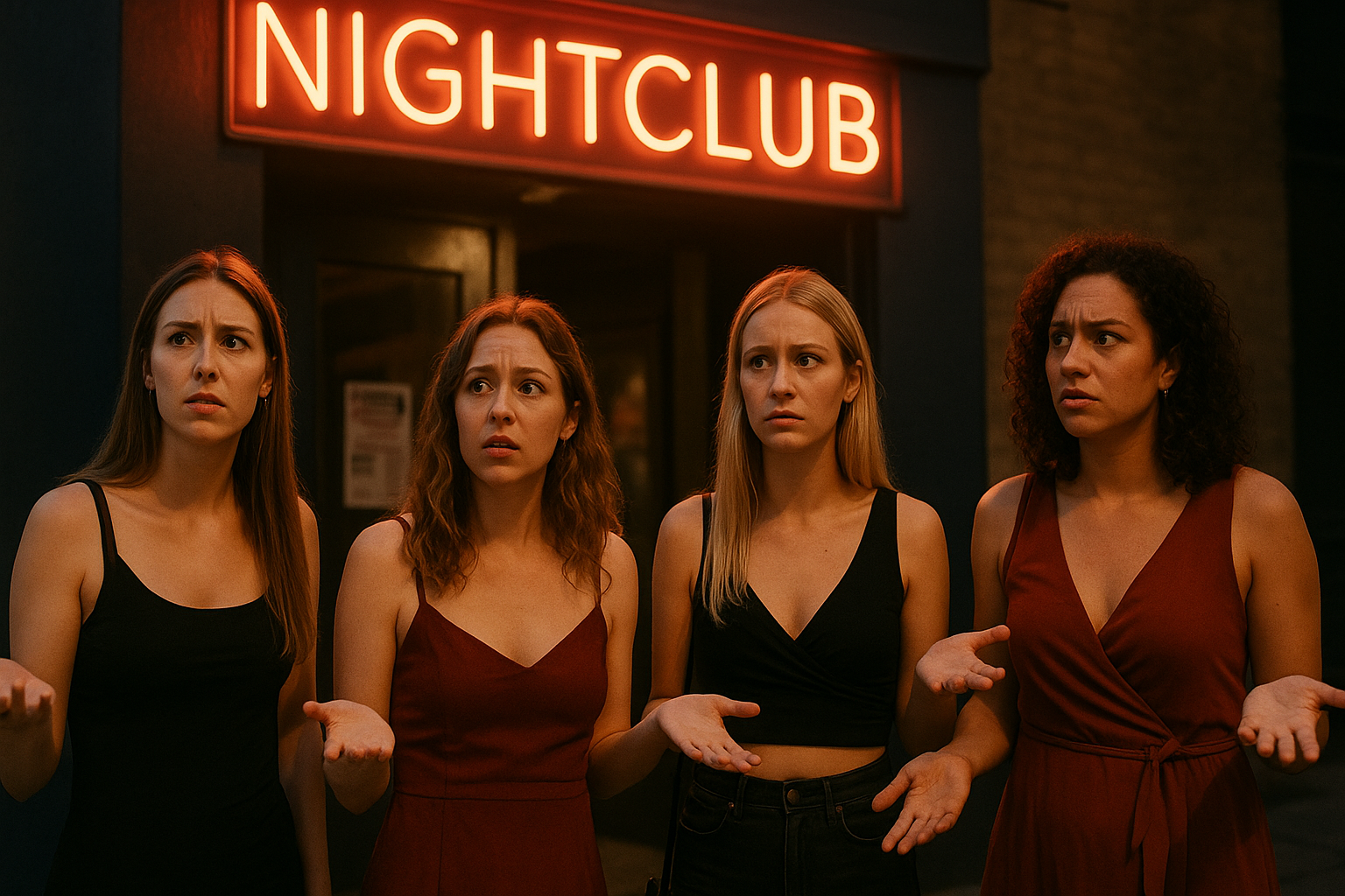 Four young women stand outside a nightclub under a glowing red “NIGHTCLUB” sign, looking confused with their hands raised as if asking where all the men have gone. The scene is lit by warm neon light, with the women dressed for a night out and sharing the same puzzled expression.