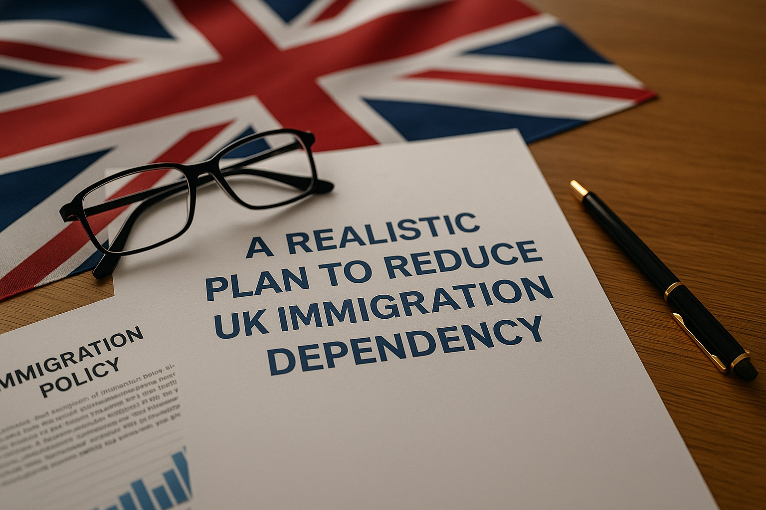 A document titled ‘A Realistic Plan to Reduce UK Immigration Dependency’ lies on a wooden desk beside a pair of glasses and a black and gold pen, with a folded Union Jack flag blurred in the background.”