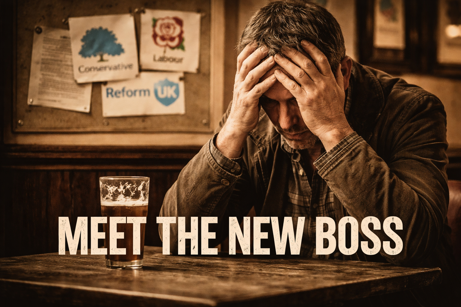 A weary middle-aged man sits alone at a pub table with his head in his hands, a half-finished pint in front of him, while blurred posters for Conservative, Labour and Reform UK appear on a noticeboard behind him, symbolising public disillusionment with the political class.